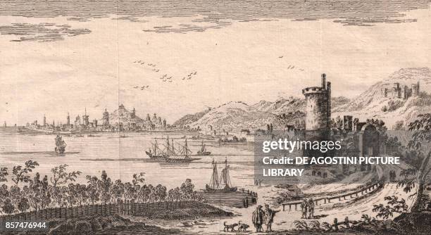 View of Gaeta city and castle, Lazio, Italy, copper engraving, 15.2x8.3 cm, from Lo stato presente di tutti i paesi, e popoli del mondo naturale,...