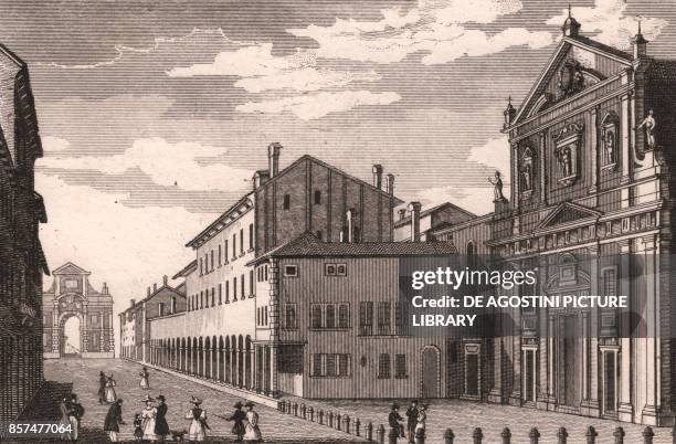 Foreshortening view of the Saint Benedict Church with the Porta Galliera in the background, Bologna, Emilia-Romagna, Italy, copper engraving by...