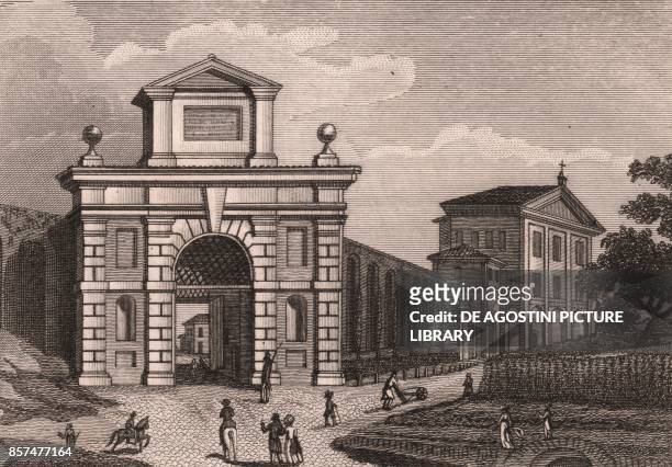 View of Porta Sant'Isaia, also known as Porta Pia, Bologna, Emilia-Romagna, Italy, copper engraving by Francesco Franceschini , ca 13x8.5 cm, from...