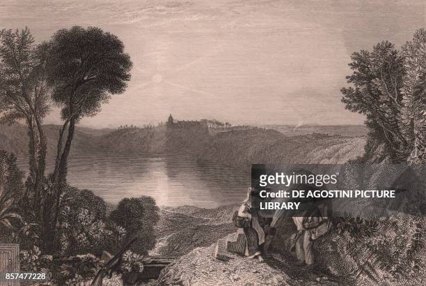 View of Lake Albano, Lazio, Italy, steel engraving by R Wall from a drawing by William Turner , published in London, 1840.