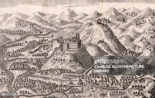 View of the Abbey of Monte Cassino and the surrounding areas, Lazio, Italy, copper engraving 6x14 cm, from Lo stato presente di tutti i paesi, e...