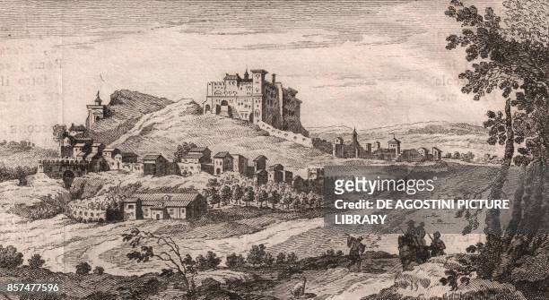 View of Montefiascone with the Rocca dei Papi, Lazio, Italy, copper engraving, 15.1x8.2 cm, from Lo stato presente di tutti i paesi, e popoli del...