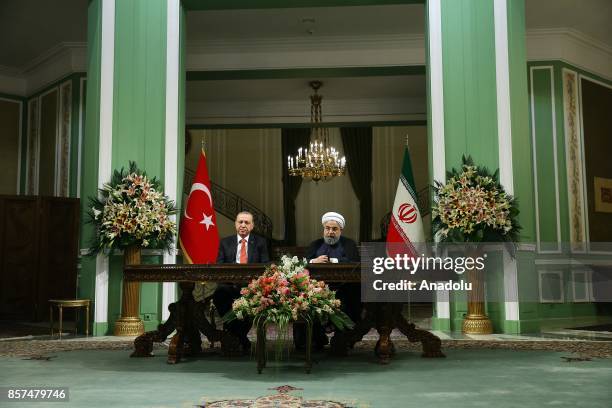 President of Turkey Recep Tayyip Erdogan and Iranian President Hassan Rouhani hold a joint press conference after their meeting at the Saadabad...