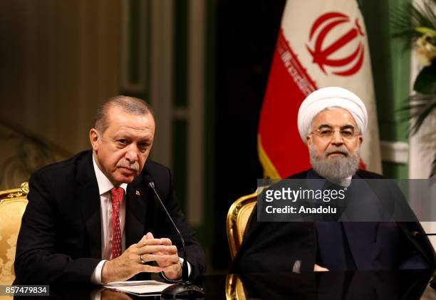 President of Turkey Recep Tayyip Erdogan and Iranian President Hassan Rouhani hold a joint press conference after their meeting at the Saadabad...