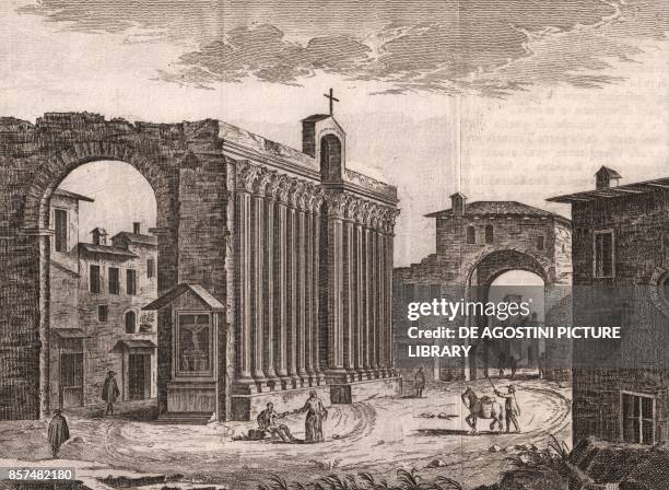 St Lawrence columns, Milan, Lombardy, Italy, copper engraving, 20x14,9 cm, from Lo stato presente di tutti i paesi, e popoli del mondo naturale,...