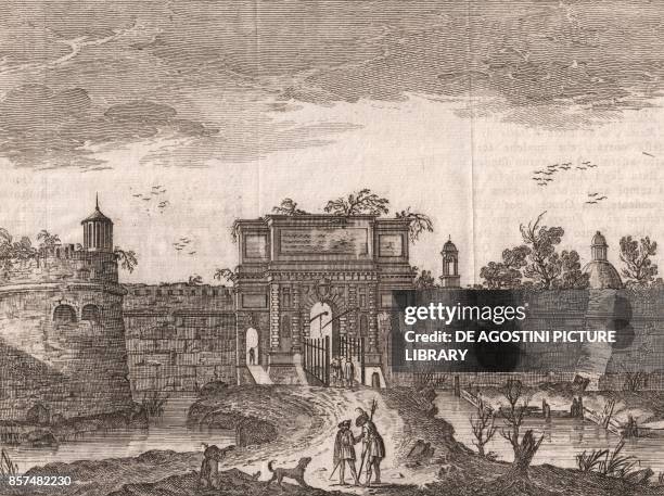 View of Porta Romana, Milan, Lombardy, Italy, copper engraving, 20x15 cm, from Lo stato presente di tutti i paesi, e popoli del mondo naturale,...