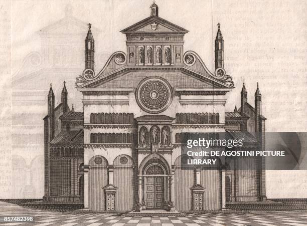 Facade of the Cathedral of the Assumption of the Blessed Virgin Mary, Cremona, Lombardy, Italy, copper engraving, 20x15 cm, from Lo stato presente di...