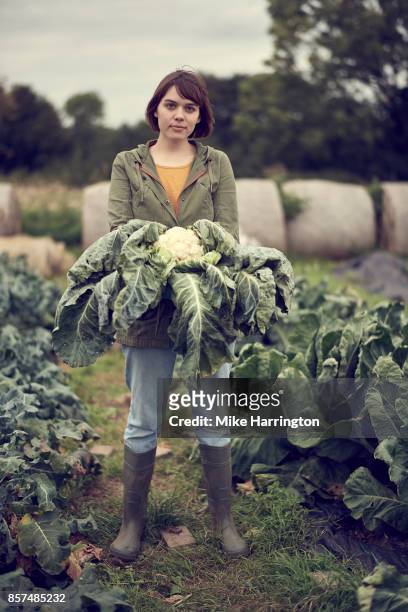 portrait of young female community farmer holding cauliflower - 1910 fotografías e imágenes de stock