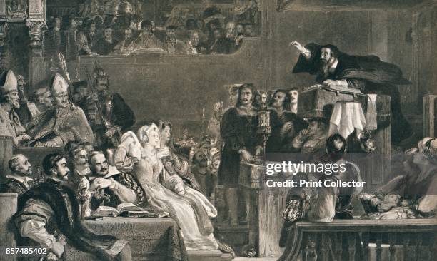 John Knox Preaching before the Lords of the Congregation, 10 June 1559', circa 1827, . John Knox a Scottish clergyman, theologian, and writer who led...