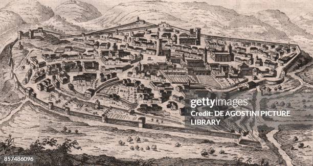 Map of Arcevia, formerly Rocca Contrada, Marche, Italy, copper engraving, 15.2x8.4 cm, from Lo stato presente di tutti i paesi, e popoli del mondo...