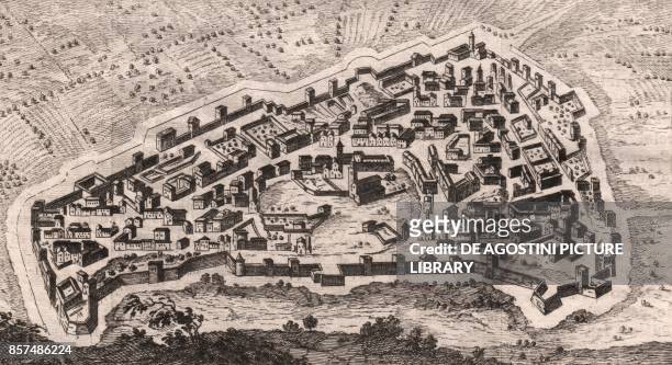 Map of the city of Fermo, Marche, Italy, copper engraving, 14.8x8.3 cm, from Lo stato presente di tutti i paesi, e popoli del mondo naturale,...