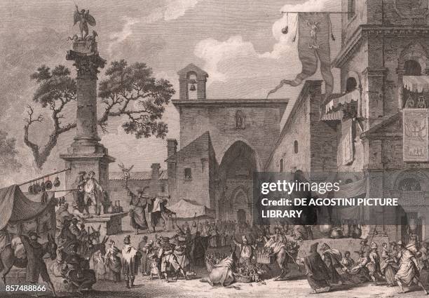 View of the Sanctuary of Saint Michael the Archangel on the Saint's feast day, Monte Sant'Angelo, Apulia, Italy, etching, ca 26x20 cm, from Voyage...