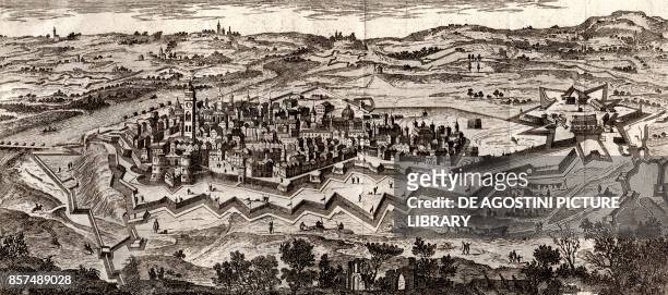 View of the town of Casale Monferrato with its walls and castle, Piedmont, Italy, copper engraving, 16.5x37.5 cm, from Lo stato presente di tutti i...