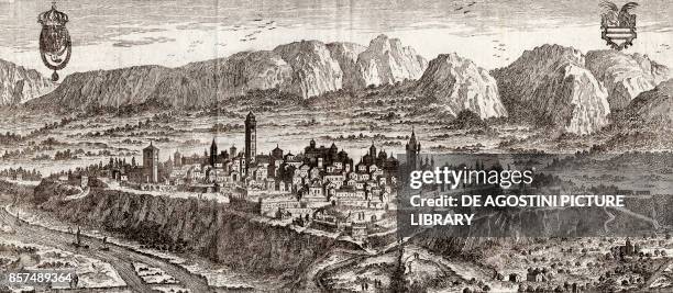 View of the city of Cuneo, Piedmont, Italy, copper engraving, 36.5x16 cm, from Lo stato presente di tutti i paesi, e popoli del mondo naturale,...