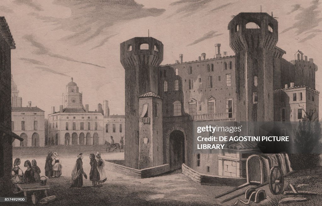 View of Piazza Castello with Acaja castle in foreground, Turin, Piedmont, Italy, steel engraving, ca 20x14 cm