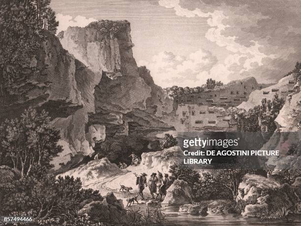 View of the rocky necropolis of Pantalica, Sicily, Italy, etching, ca 26.5x21.5 cm, from Voyage pittoresque a Naples et en Sicile, Nouvelle edition,...