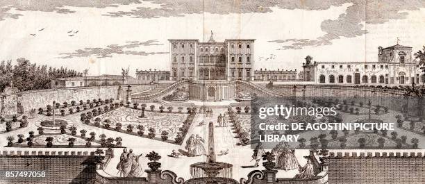 View of the Medicean Villa of Lappeggi with the Italian garden, Bagno a Ripoli, Florence, Italy, copper engraving, 36.4x16 cm, from Lo stato presente...