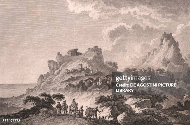 Landscape view of Taormina with the Greek Theatre on the left and the Norman Castle of Mola on the right, Sicily, Italy, etching, ca 25x19.5 cm, from...