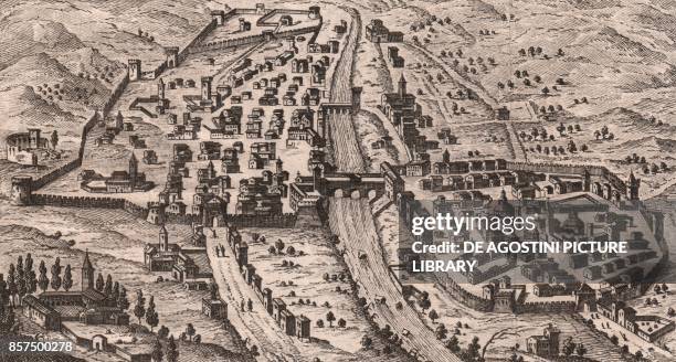 Bird's-eye view of the city of Pescia, Tuscany, Italy, copper engraving, 15.1x8.4 cm, from Lo stato presente di tutti i paesi, e popoli del mondo...