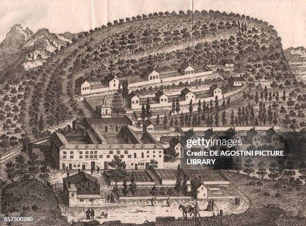 View of the Holy Hermitage of Camaldoli, Poppi, Tuscany, Italy, copper engraving, 19.7x14.9 cm, from Lo stato presente di tutti i paesi, e popoli del...