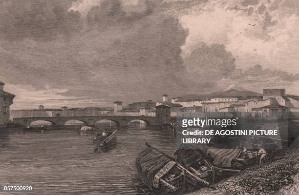 View of the Arno River in Pisa, Tuscany, Italy, steel engraving by Thomas Higham after a drawing by James Duffield Harding published in London.