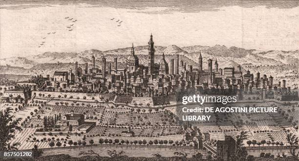 Panoramic view of the city of Pistoia, Tuscany, Italy, copper engraving, 14.9x8.2 cm, from Lo stato presente di tutti i paesi, e popoli del mondo...