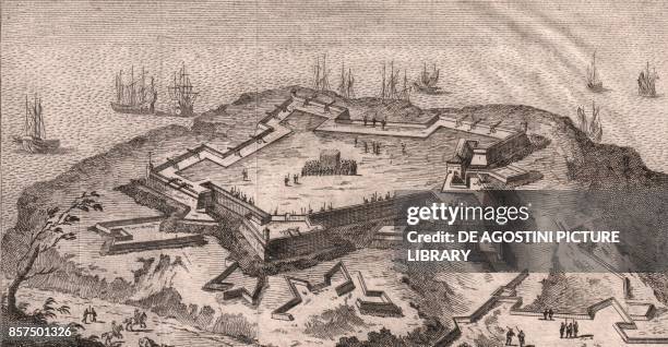 Panoramic view of the Forte Longone in Porto Azzurro , Elba, Tuscany, Italy, copper engraving, 15.3x8.1 cm, from Lo stato presente di tutti i paesi,...