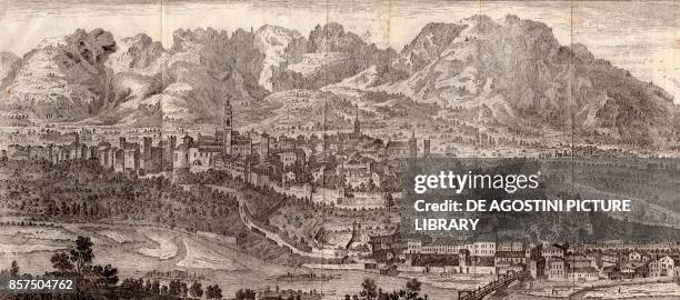 Panoramic view of the city of Belluno, Veneto, Italy, copper engraving, 36.9x16.5 cm, from Lo stato presente di tutti i paesi, e popoli del mondo...