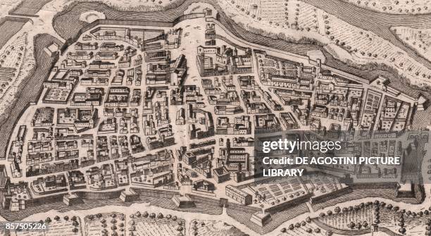 Bird's-eye view of the city of Citta di Castello, Umbria, Italy, copper engraving, 14.8x8.2 cm, from Lo stato presente di tutti i paesi, e popoli del...