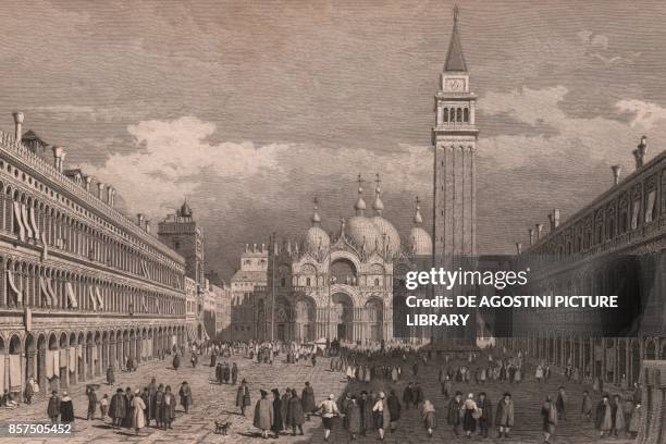 View of the Saint Mark's Basilica from the St Mark's Square , Venice, Veneto, Italy, steel engraving after a drawing by Samuel Prout , ca 15x11.5 cm,...