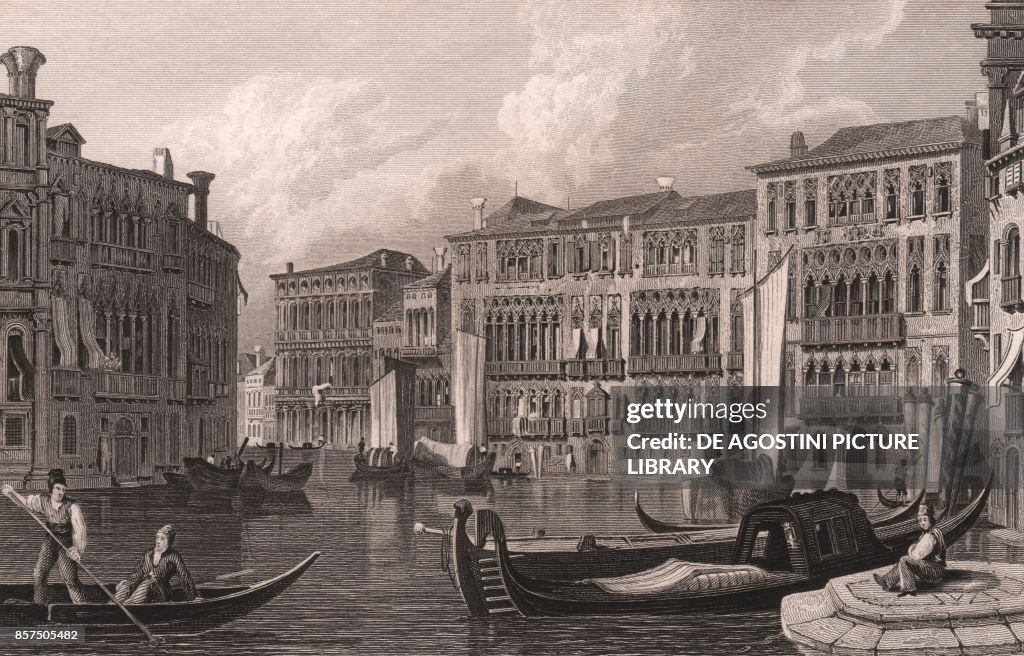 View from Grand Canal (Canal Grande) of Ca' Giustinian and Ca' Foscari (Foscari Palace), Venice, Veneto, Italy, steel engraving after drawing by Samuel Prout (1783-1852), circa 15x11.5 cm