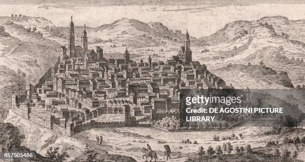 Panoramic view of the city of Nocera Umbra, Umbria, Italy, copper engraving, ca 15x8 cm, from Lo stato presente di tutti i paesi, e popoli del mondo...