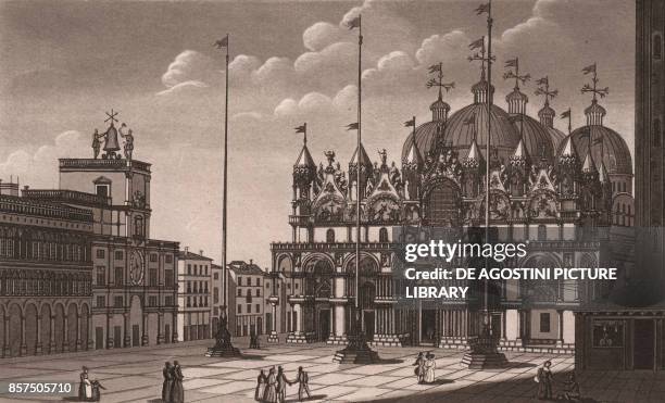 View of the Saint Mark's Basilica from the St Mark's Square in Venice, Veneto, Italy, aquatint, 19.5x12 cm, from Viaggio in Italia per Francesco...