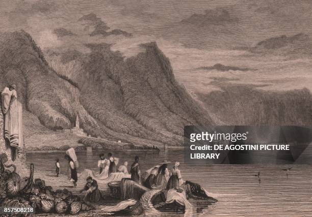 Panoramic view of the Lake Geneva with the Chillon Castle in the background, Switzerland, steel engraving after a drawing by Samuel Prout , 14.7x9.6...