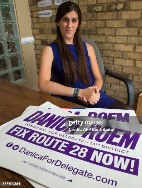 Danica Roem, a Democrat for Delegate in Virginia's district 13, and who is transgender, sits in her campaign office on September 22 in Manassas,...