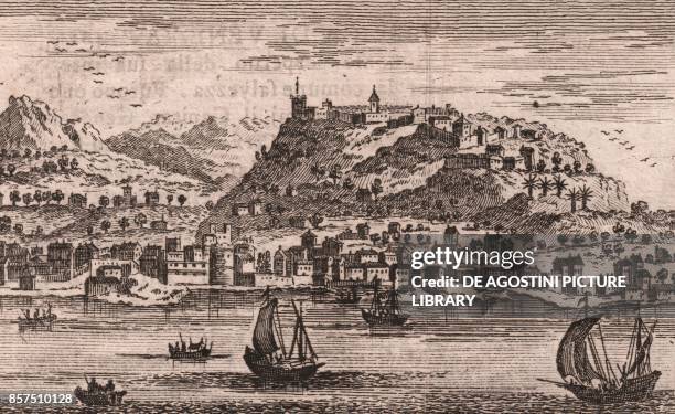 View of the city of Zakynthos on Zakynthos, Greece, copper engraving from Lo stato presente di tutti i paesi, e popoli del mondo naturale, politico,...