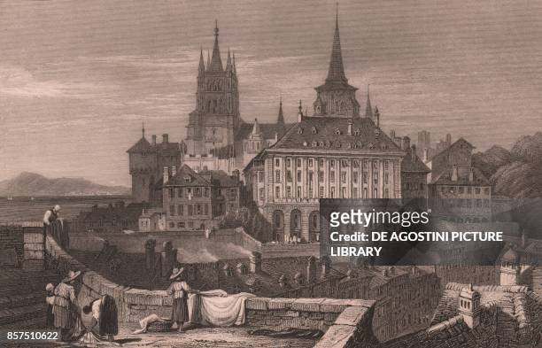 View of the Cathedral of Notre Dame in Lausanne with the Lake Geneva in the background, Switzerland, steel engraving after a drawing by Samuel Prout...