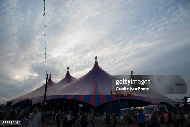 People waving flags and holding flares, and general atmosphere of the Reading Festival 2017 are pictured at Reading, on August 27, 2017. The Reading...