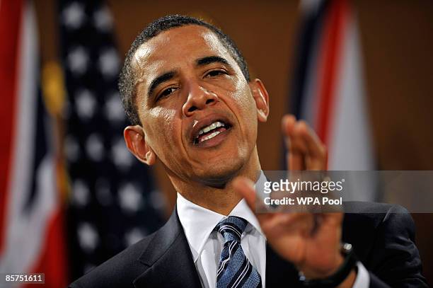 President Barack Obama speaks during a press conference with Britain's Prime Minister Gordon Brown and at the Foreign and Commonwealth Office on...