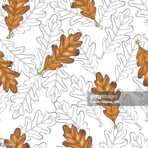 abstract oak leaf watercolor vector seamless pattern - oak leaf white background stock illustrations