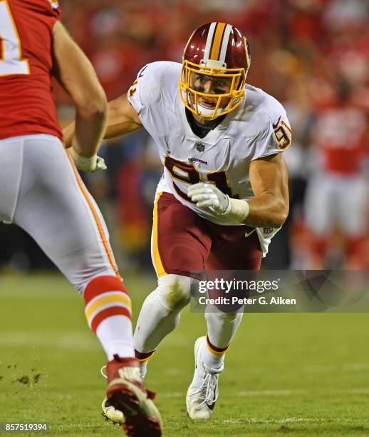 Linebacker Ryan Kerrigan of the Washington Redskins gets set on defense against the Kansas City Chiefs during the second half on October 2, 2017 at...