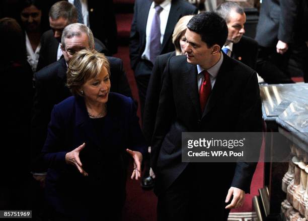 Secretary of State Hillary Clinton arrives with British Foreign Secretary David Miliband for a press conference at the Foreign and Commonwealth...