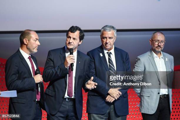 Fabien Saguez, Michel Vion and Rodolphe Vermeulen during presentation of Team France for Winter Games PyeongChang 2018 on October 4, 2017 in Paris,...