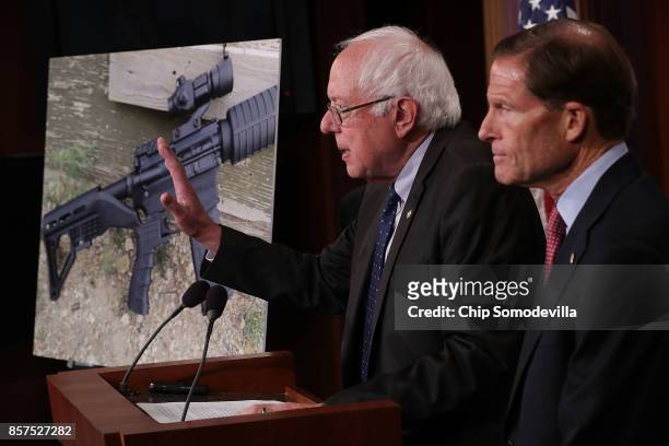 Sen. Bernie Sanders and Sen. Richard Blumenthal hold a news conference to announce proposed gun control legislation at the U.S. Capitol October 4,...