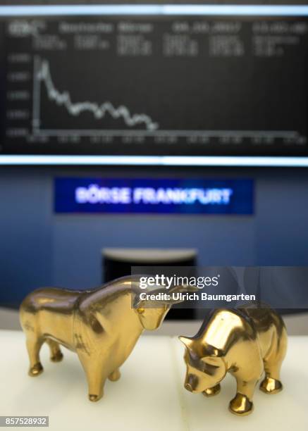 Bull and bear, symbol for the ups and downs on the exchanges of the world, in the trading hall of the Frankfurt Stock Exchange.