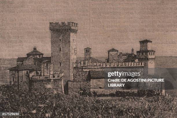 Castle of Vigoleno, Vernasca, Emilia Romagna, Italy, woodcut from Le cento citta d'Italia , illustrated monthly supplement of Il Secolo, Milan, 1891.