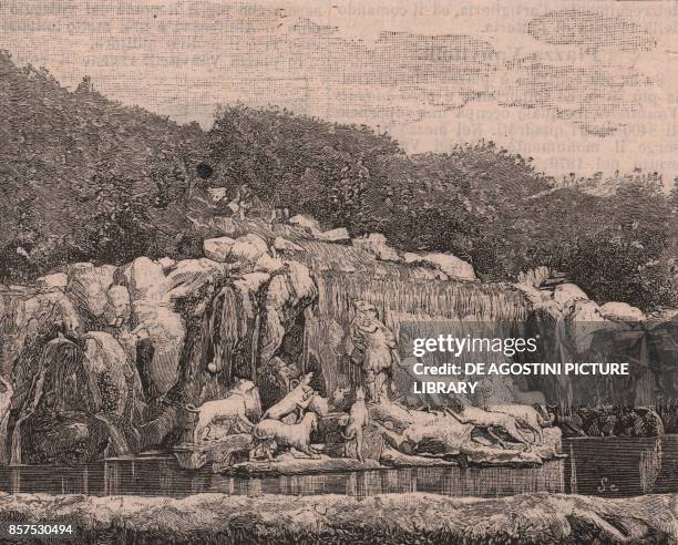 Grand cascade and Actaeon group, Fountain of Diana and Actaeon, Royal Park of the Palace of Caserta, Campania, Italy, woodcut from Le cento citta...