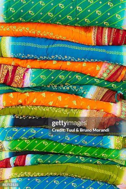 india, rajasthan, sari factory. - indian pattern stock pictures, royalty-free photos & images