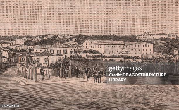 Piazza Indipendenza , with the former military hospital, Catanzaro, Calabria, Italy, woodcut from Le cento citta d'Italia , illustrated monthly...