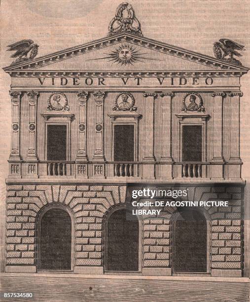 Teatro degli Illuminati , Citta di Castello, Umbria, Italy, woodcut from Le cento citta d'Italia , illustrated monthly supplement of Il Secolo,...